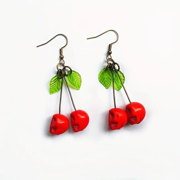 #27 Red Cherry Shaped Skull Dangle Earrings Punk Goth - Picture 1 of 1